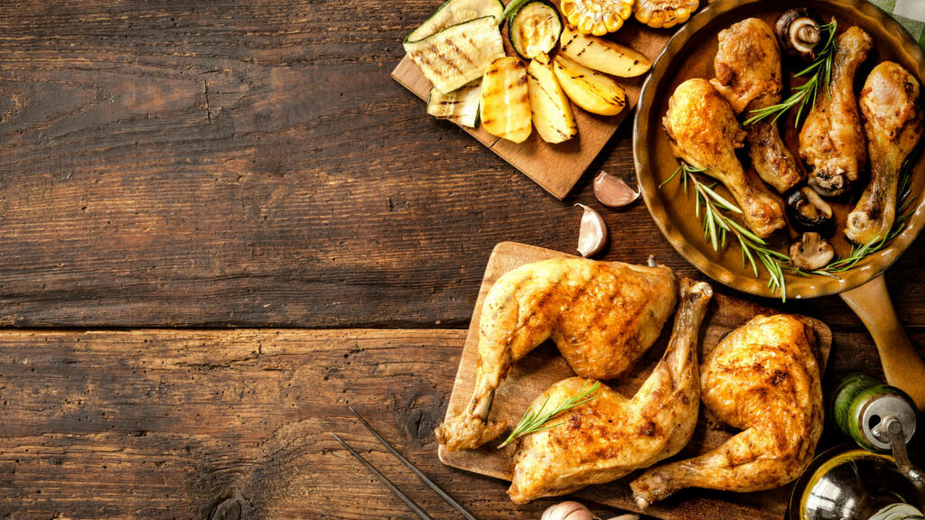 Rustic Peri-Peri Chicken Flat Lay with Grilled Veggies - Wallpaper