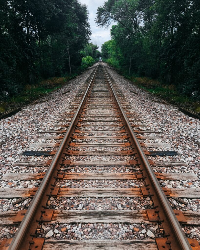 Rustic railway track through lush green forest with moody sky and natural earthy tones wallpaper