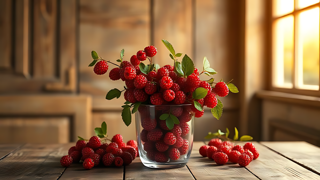 Rustic wallpaper with glass jar of fresh ripe raspberries on sunlit wooden table interior