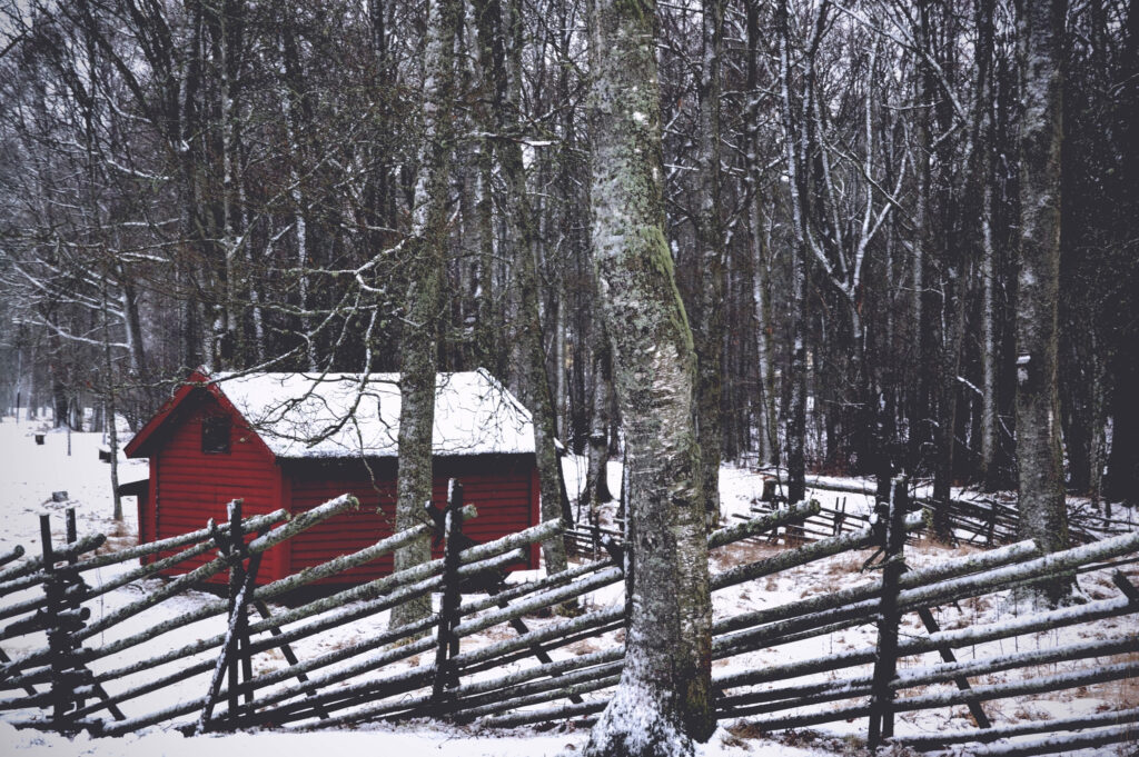 Rustic red cabin among leafless trees in snowy winter forest with peaceful frosty landscape Wallpaper