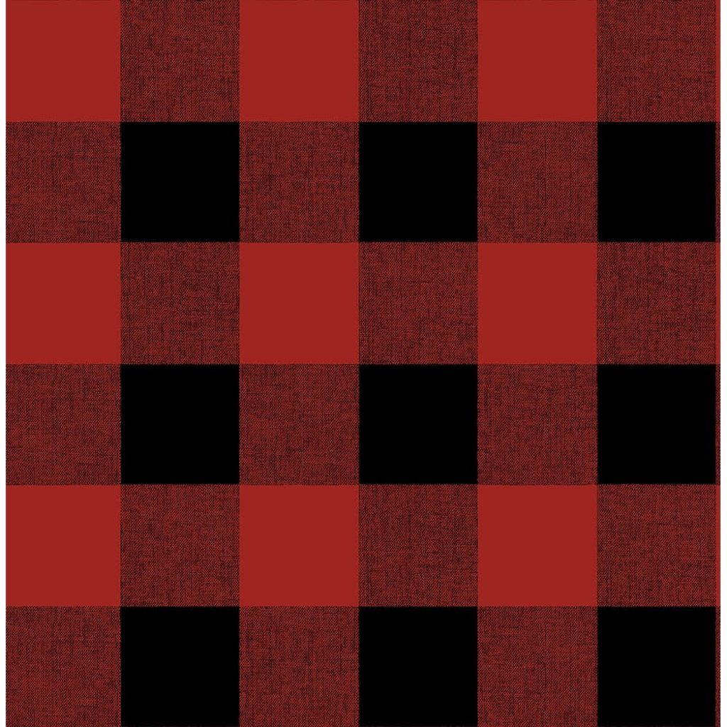 Classic red and black buffalo plaid wallpaper with woven texture for cozy farmhouse walls