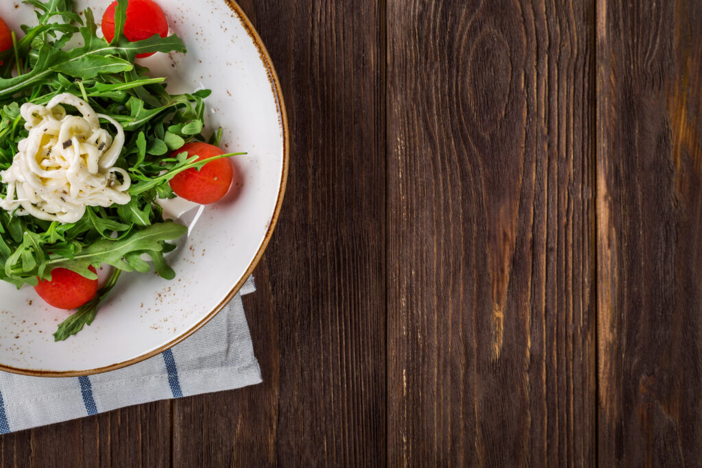 Fresh Arugula Salad with Cherry Tomatoes & Cheese: Rustic Wallpaper