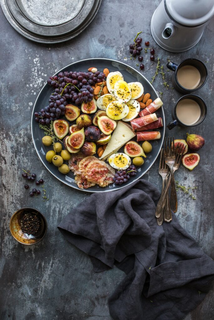 Rustic Snack Platter with Fruits, Cheese & Coffee - Wallpaper Background