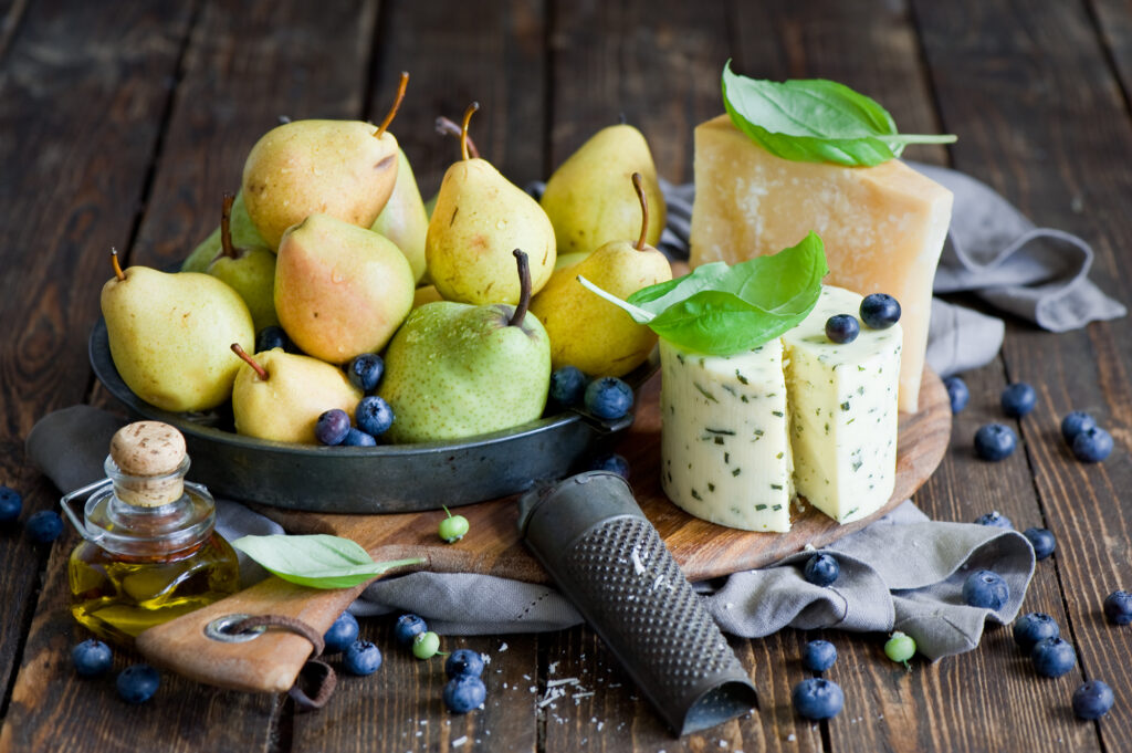 Rustic Still Life Wallpaper: Pears, Cheese, Blueberries & Olive Oil