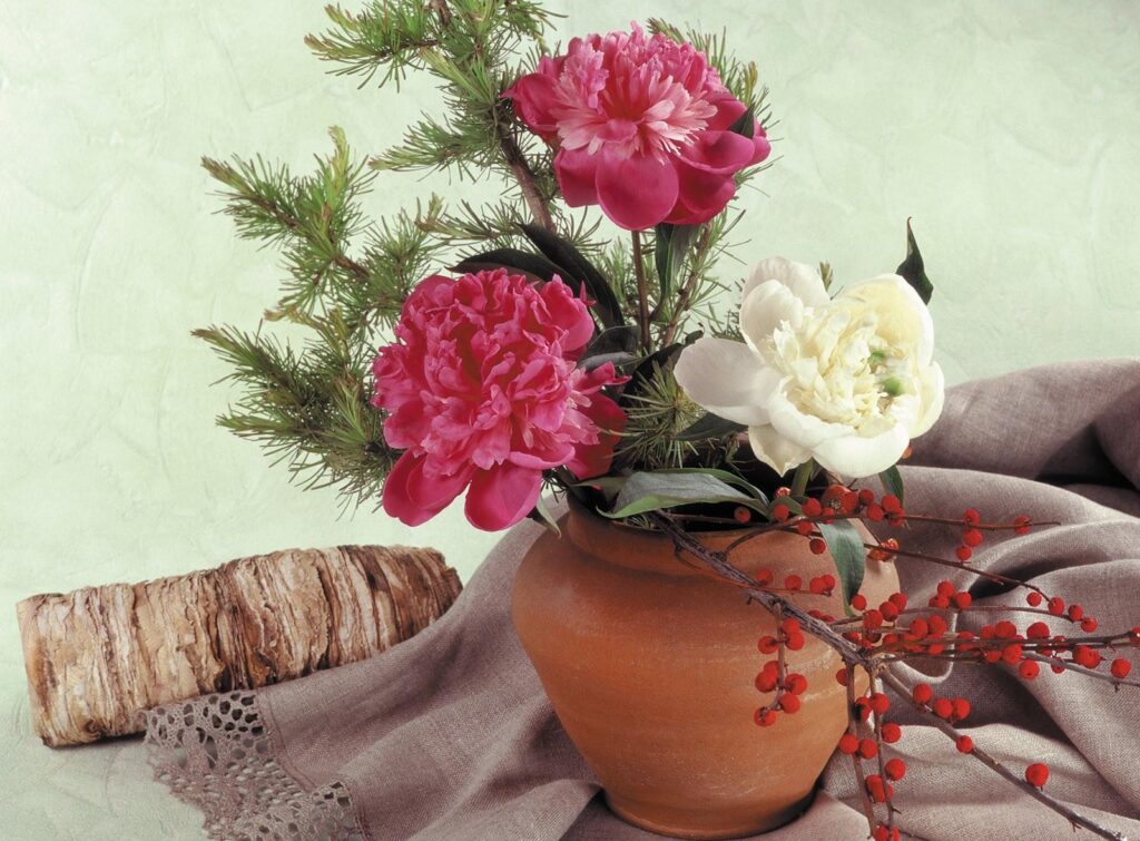 Rustic Still Life Wallpaper: Peonies, Greenery & Cozy Background