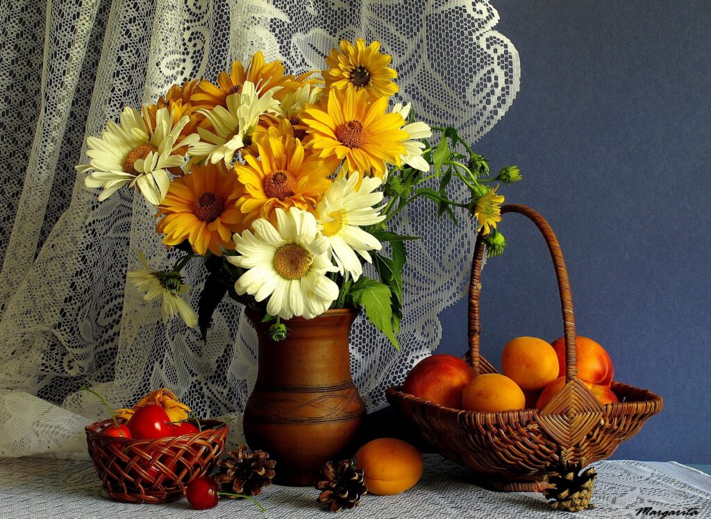 Rustic Still Life: Vibrant Gerbera Flowers & Fresh Peaches Wallpaper