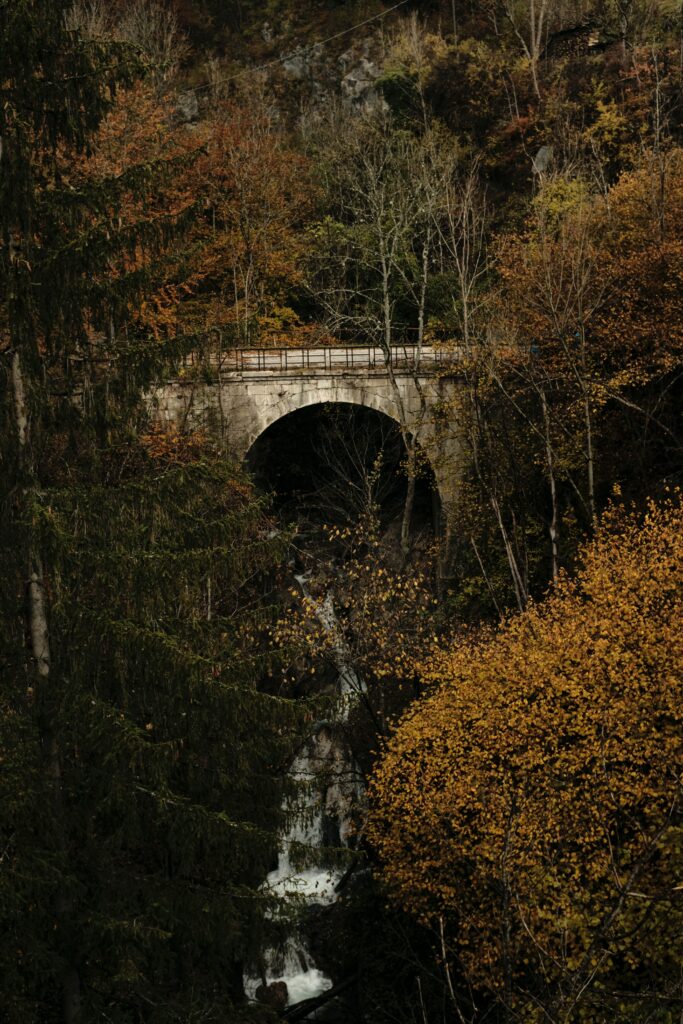 Rustic stone bridge over flowing river with vibrant autumn trees natural landscape wallpaper