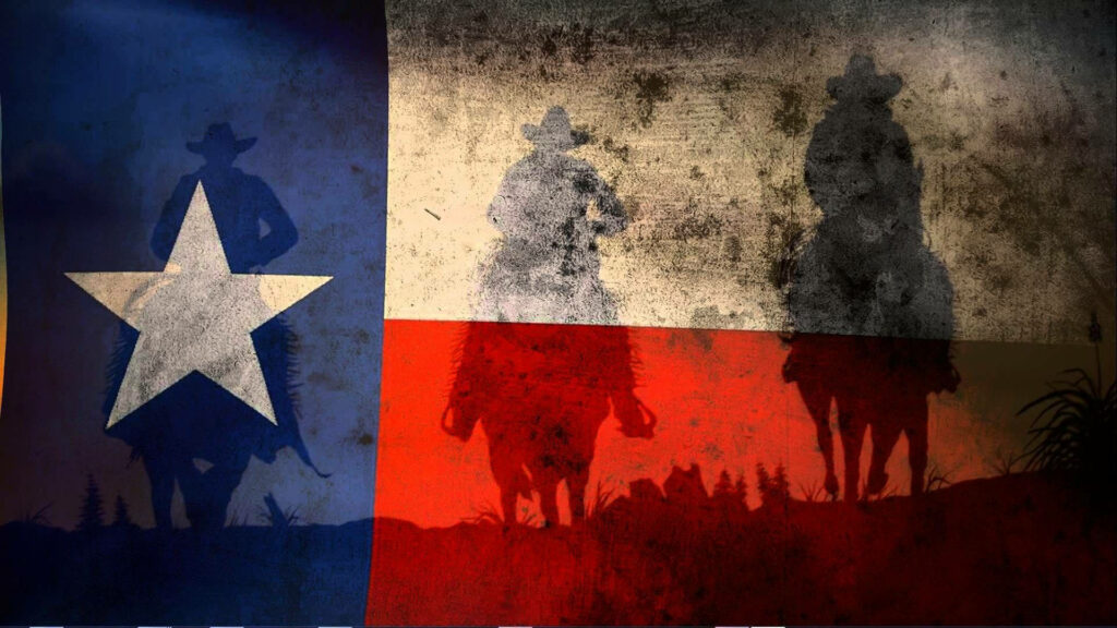 Rustic Texas flag wallpaper with three cowboy silhouettes riding dusty Western landscape background