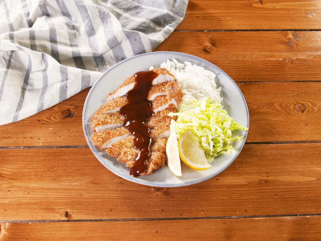 Saucy Tonkatsu with Cabbage & Rice - Rustic Wallpaper Background