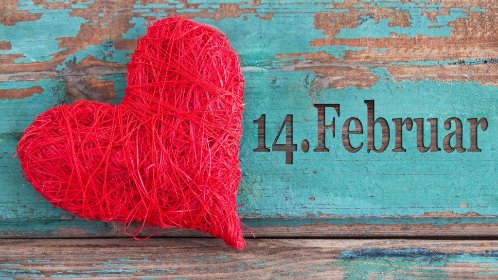 Rustic Valentine wallpaper with red twine heart on turquoise wood and 14 Februar text vintage