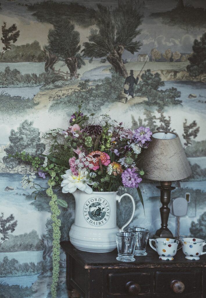 Charming Rustic Wallpaper with Flower Jug & Countryside Mural