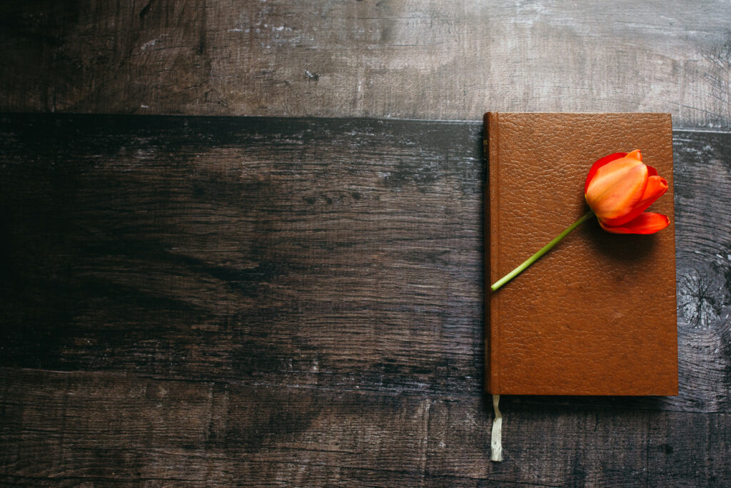 Rustic Brown Book with Orange Tulip on Wooden Surface - Literary Charm Wallpaper