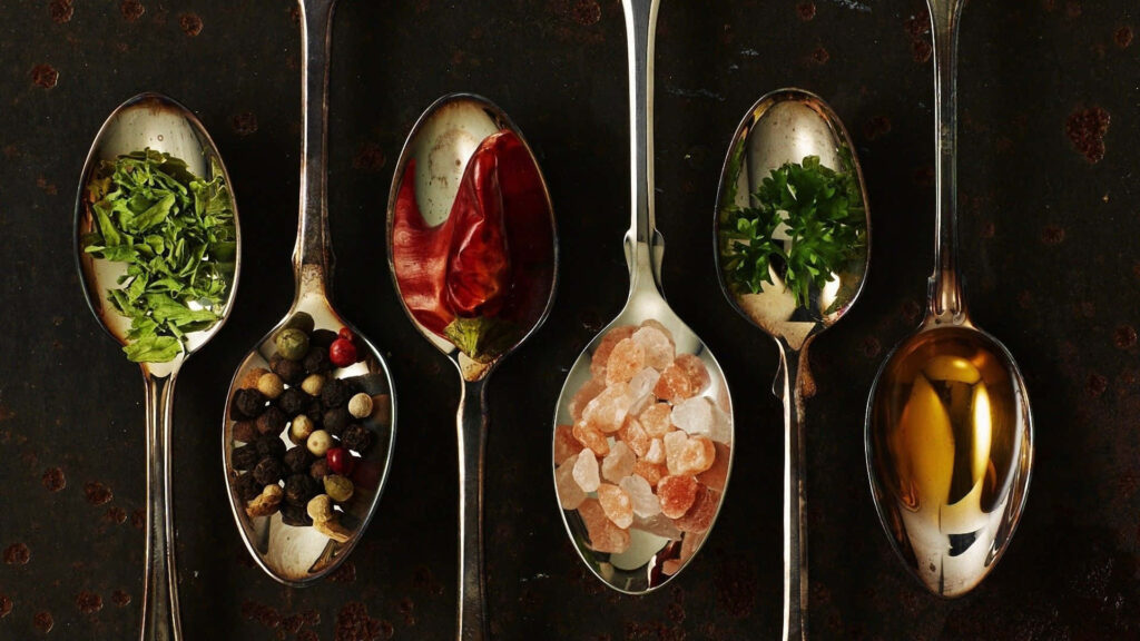 Elegant Rustic Wallpaper with Colorful Spices & Herbs Display