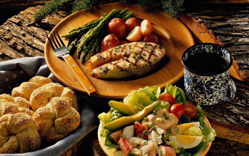 Rustic Wallpaper: Gourmet Grilled Fish, Asparagus & Fresh Egg Salad