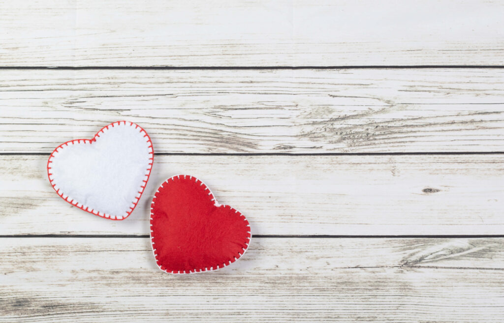 Rustic Wooden Background with Red & White Felt Hearts - Love Symbol Wallpaper