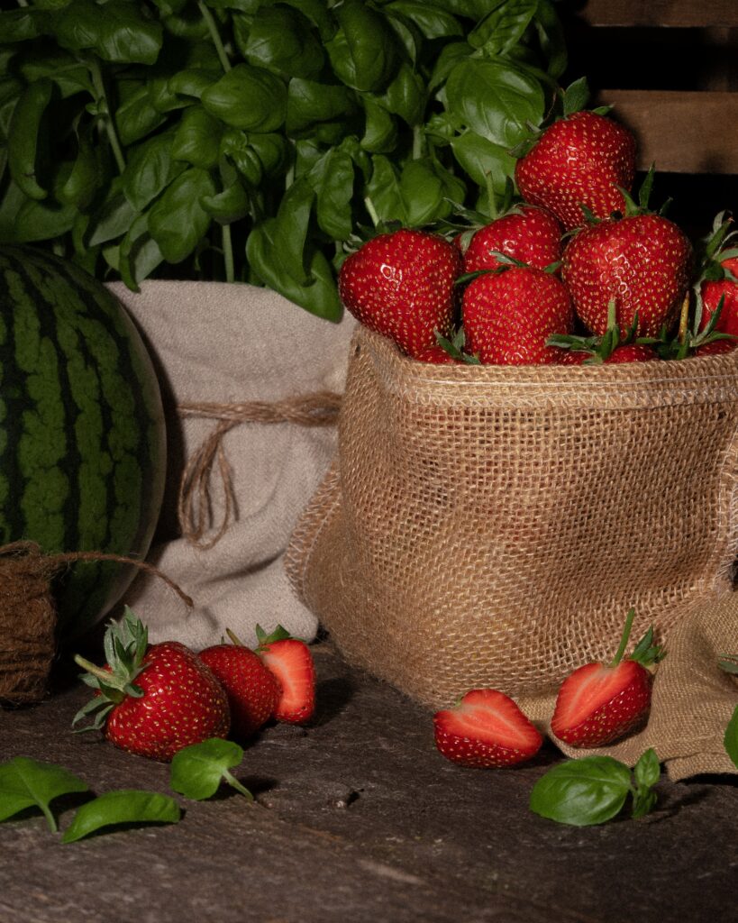 Rustic Wallpaper: Ripe Strawberries & Watermelon on Wooden Background