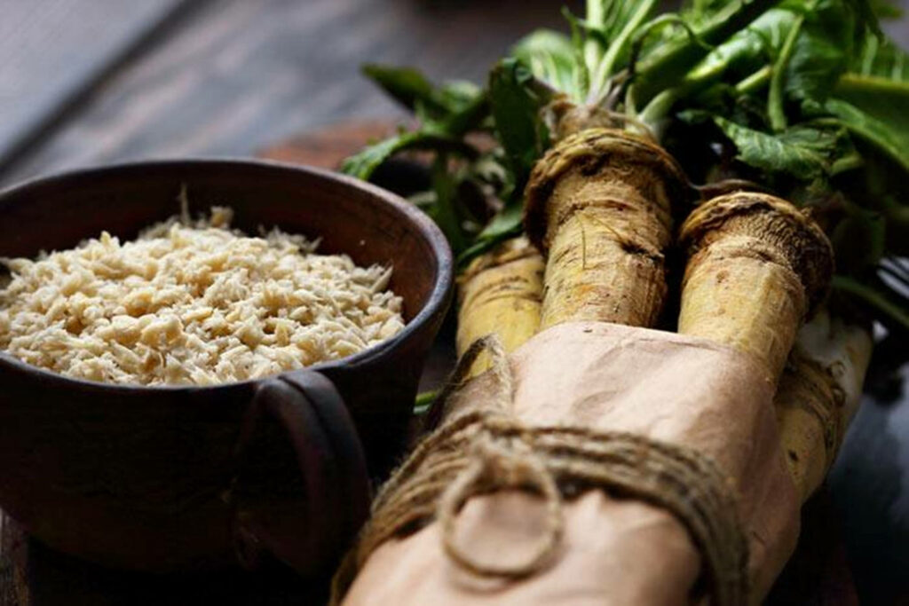 Rustic Wallpaper with Tied Horseradish Roots & Grated Horseradish