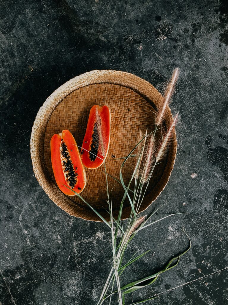 Rustic Wallpaper: Wicker Basket with Papaya & Decorative Grass
