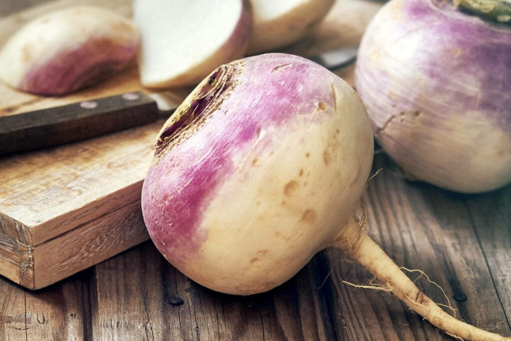 Rustic Wallpaper: Vibrant Purple-Bottom Turnips on Wooden Table