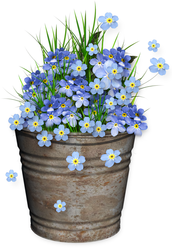 Rustic Metal Pot with Vibrant Blue Forget-Me-Nots Wallpaper