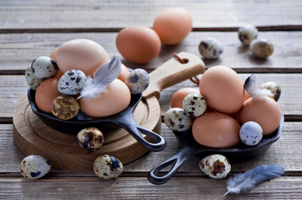 Rustic Wallpaper: Chicken & Quail Eggs in Cast Iron Pans