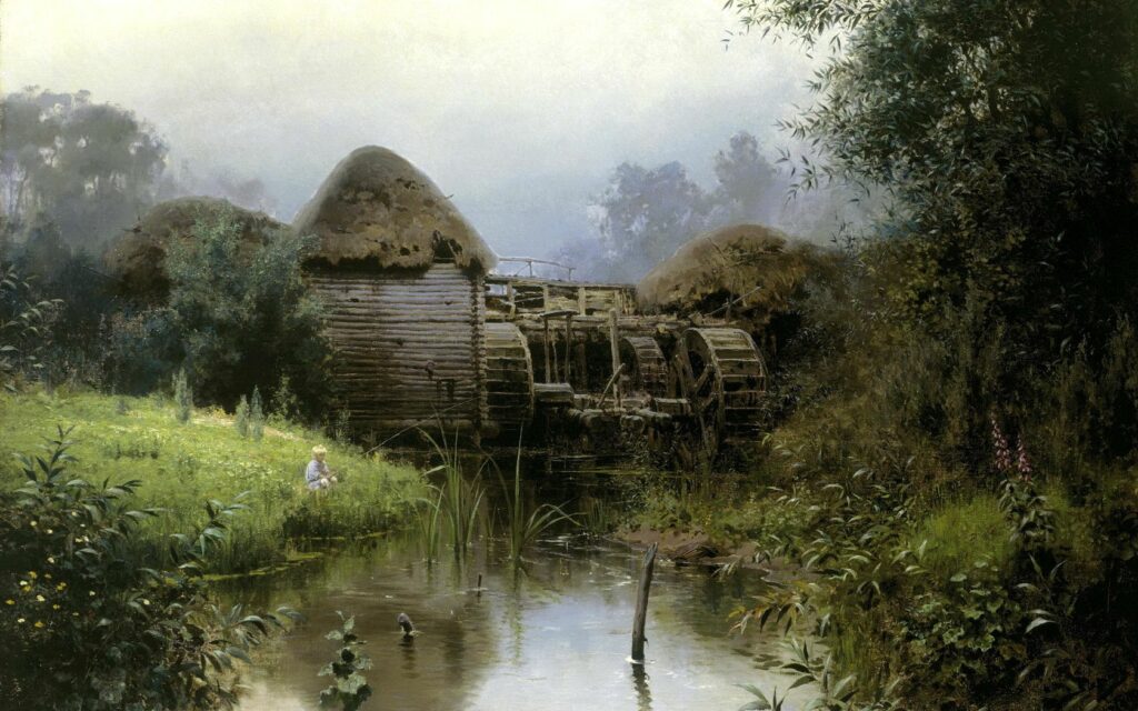 Rustic mill with wooden waterwheels beside tranquil pond surrounded by lush greenery wallpaper background