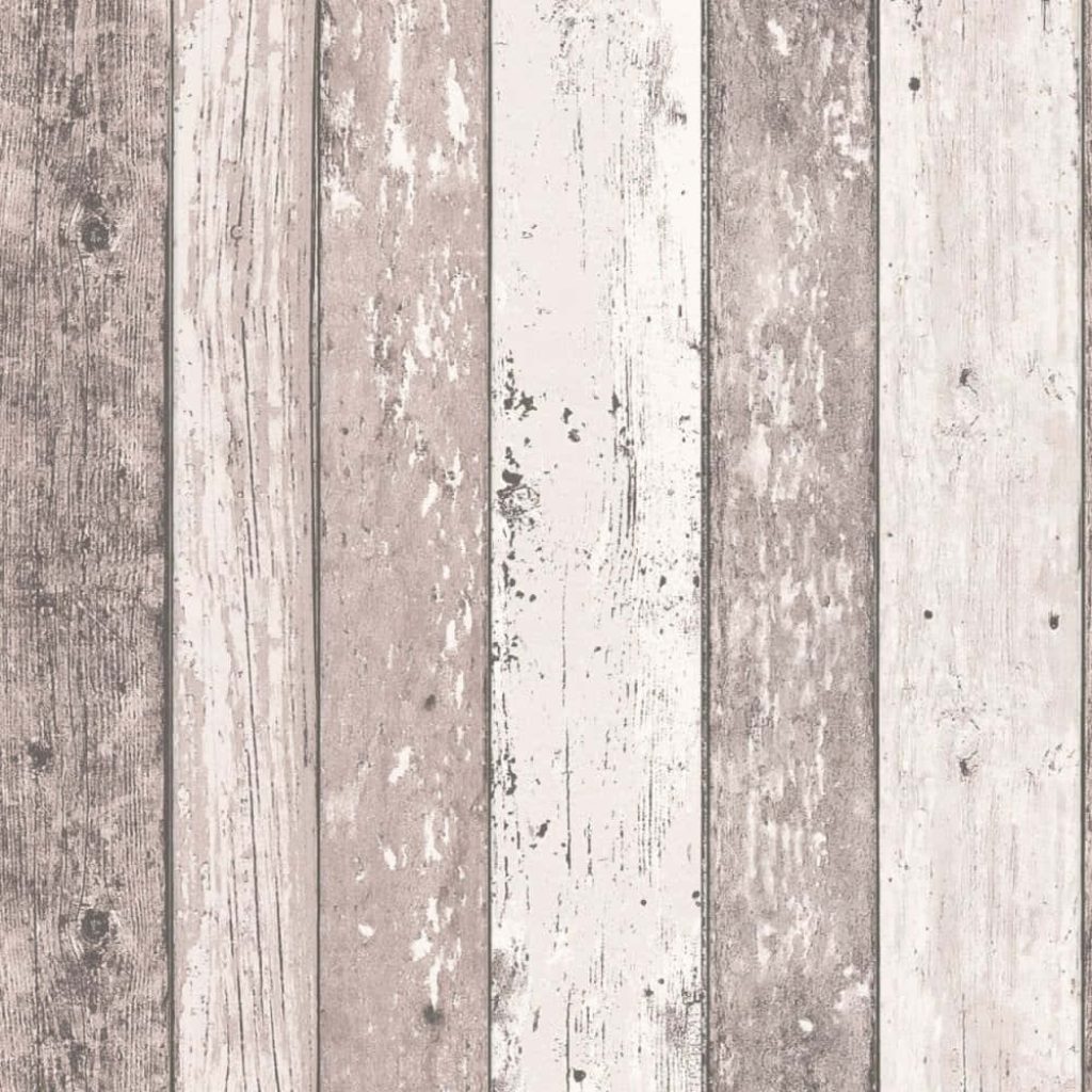 Rustic wood panel wallpaper with weathered whitewash and grey vertical planks farmhouse style