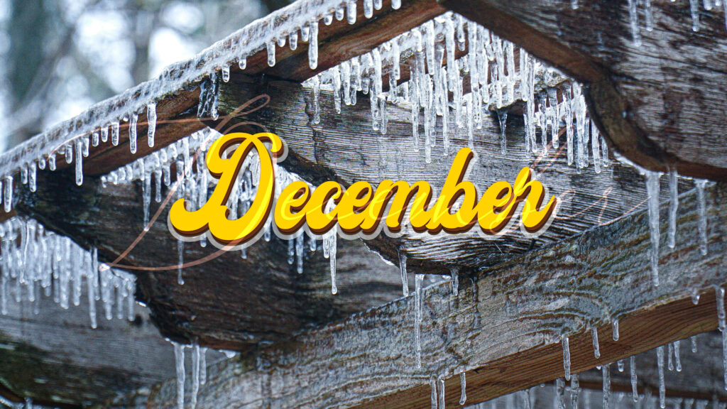 Rustic wooden structure with icicles under soft winter light December text warm contrast wallpaper
