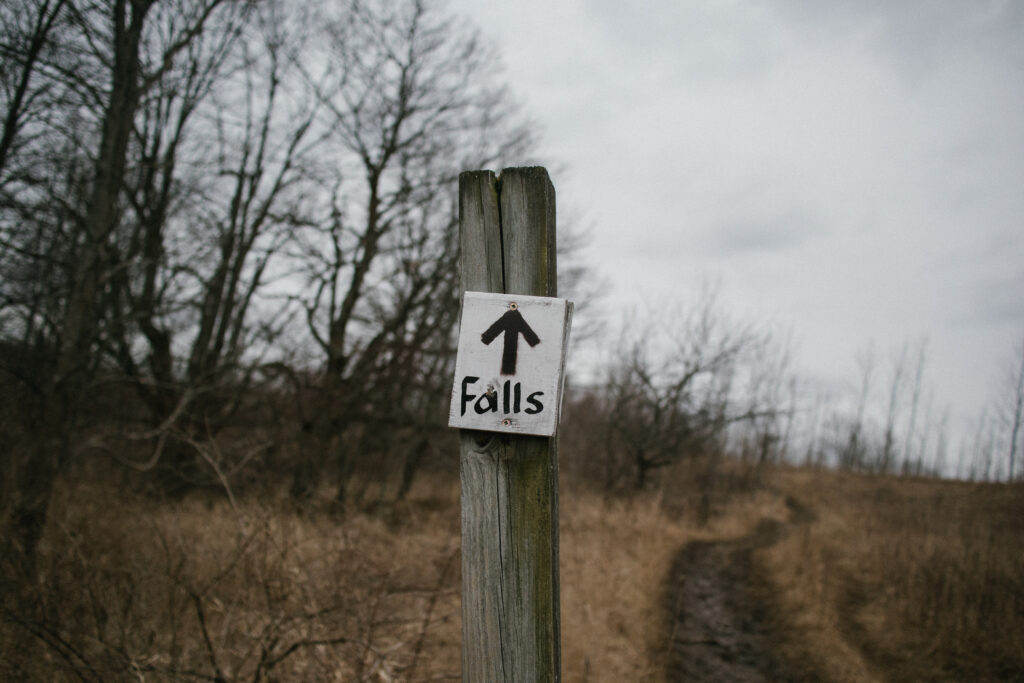 Weathered wooden post with Falls arrow sign on winding dirt path in autumn forest under gray sky Wallpaper
