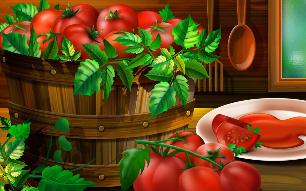 Vibrant Rustic Wallpaper: Ripe Red Tomatoes & Fresh Green Leaves