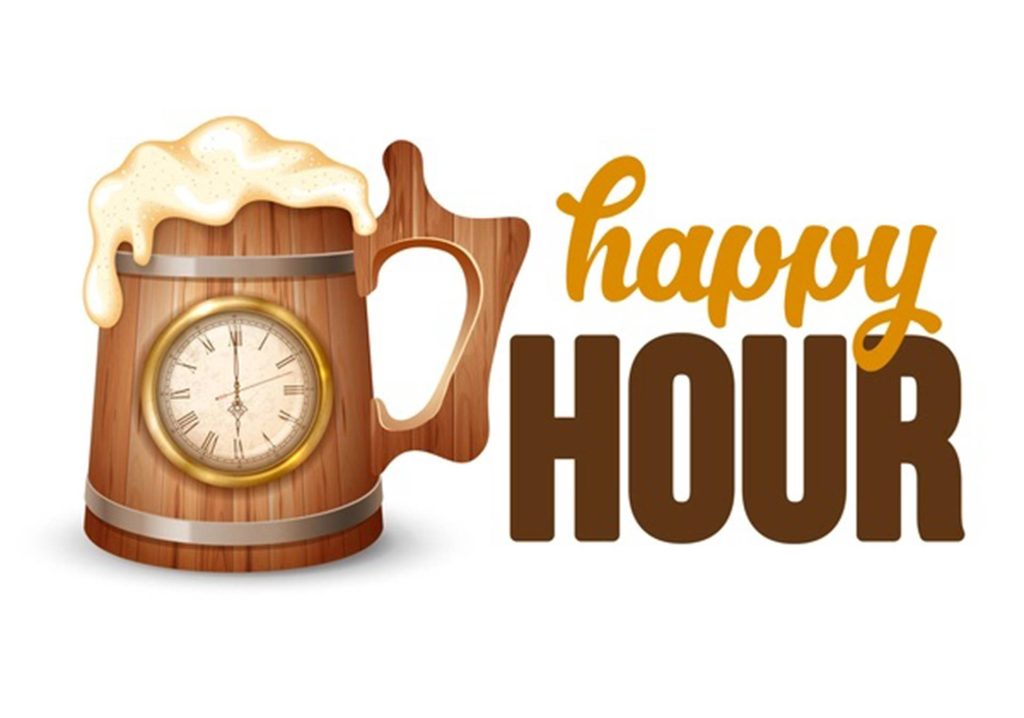 Rustic wooden beer tankard with clock face and foam beside bold happy hour text on white background Wallpaper