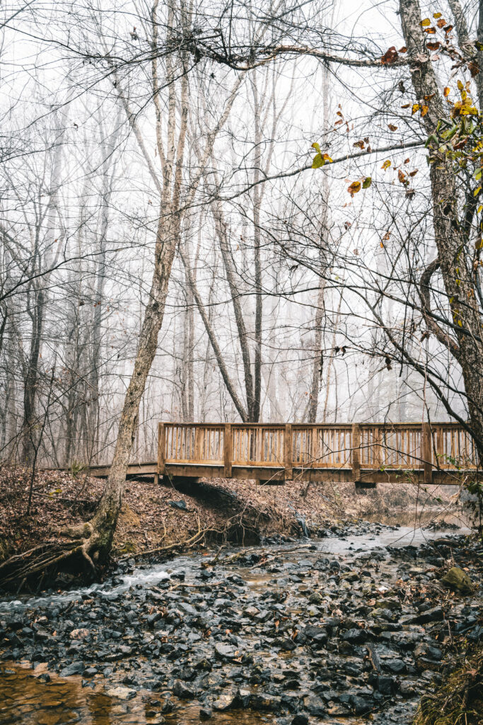 Rustic wooden bridge over gentle stream in foggy dense autumn forest with bare trees and leaves Wallpaper
