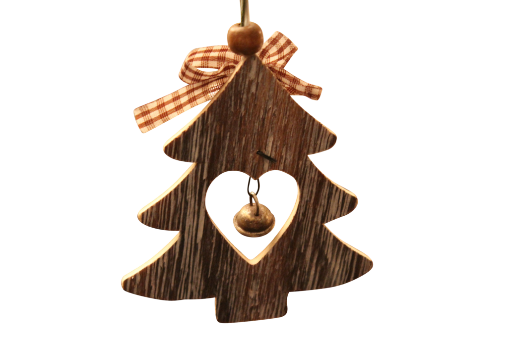 Rustic Wooden Christmas Tree Ornament with Bell & Plaid Ribbon Wallpaper