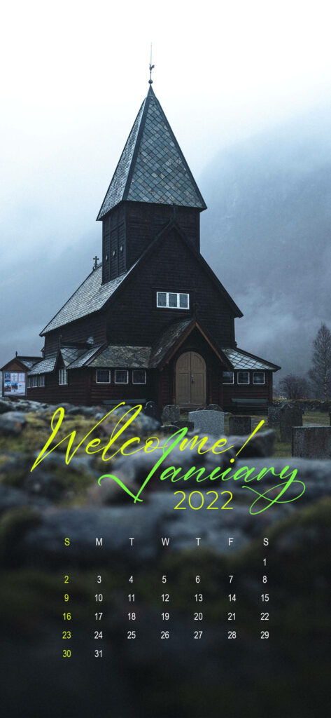 Rustic wooden church in misty winter landscape with January 2022 script calendar wallpaper