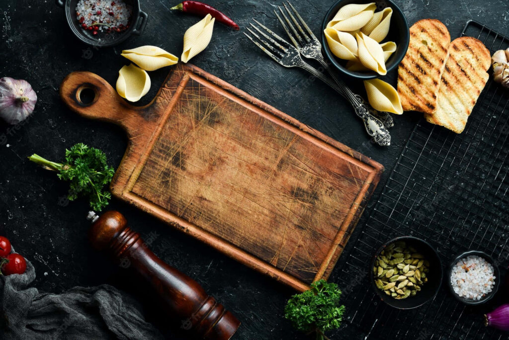Rustic Wooden Cutting Board: Culinary-Inspired Wallpaper Background