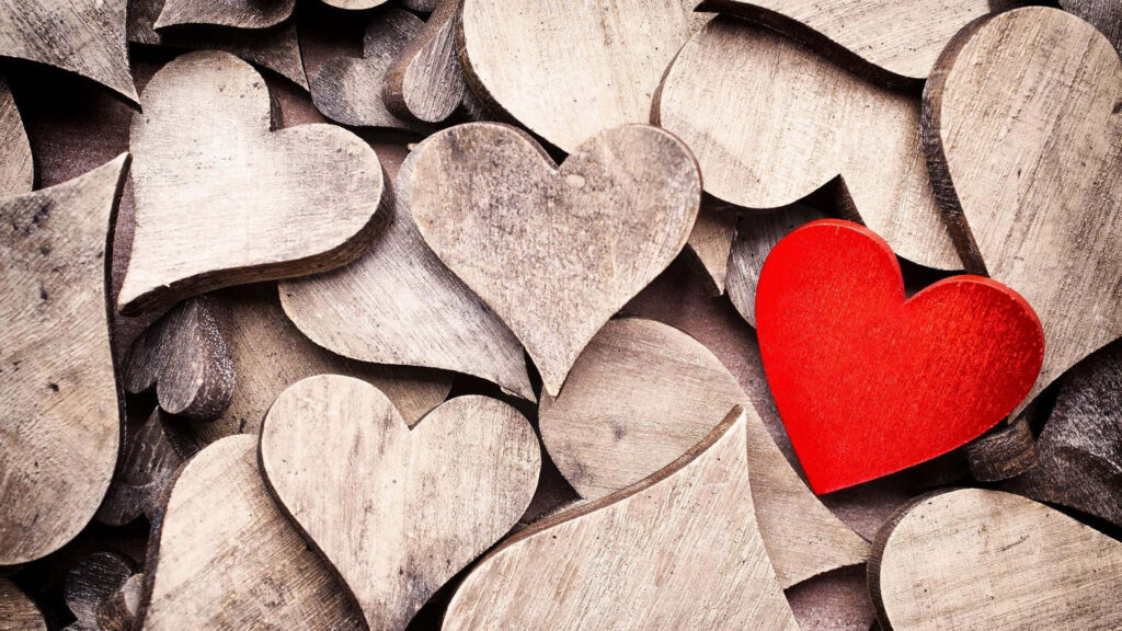 Rustic Wooden Hearts Wallpaper: Warm Decor with Red Accent