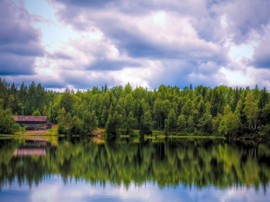 Rustic wooden lodge by tranquil lake with lush green forest and perfect sky reflection wallpaper