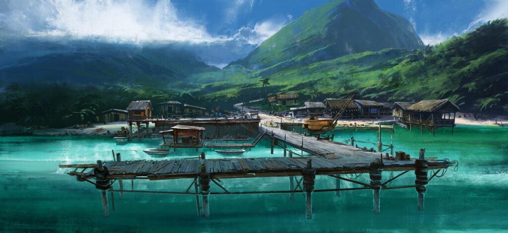 Rustic wooden pier with boats and huts by turquoise gulf waters and lush green mountains Wallpaper