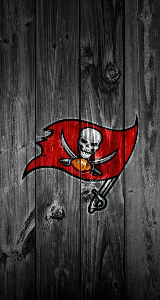 Rustic Wooden Plank Wallpaper with Bold Red Pirate Flag Design