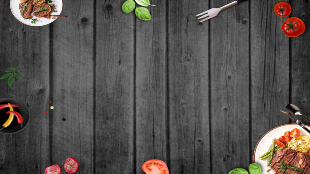 Rustic Wooden Table with Vibrant Steak & Pasta - Wallpaper Background