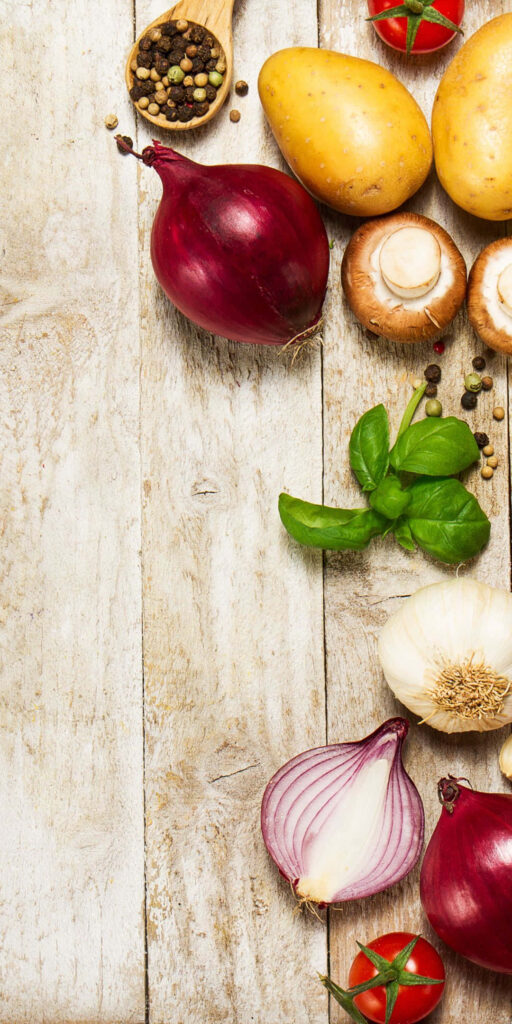 Rustic Wooden Background with Fresh Ingredients: Wallpaper Decor