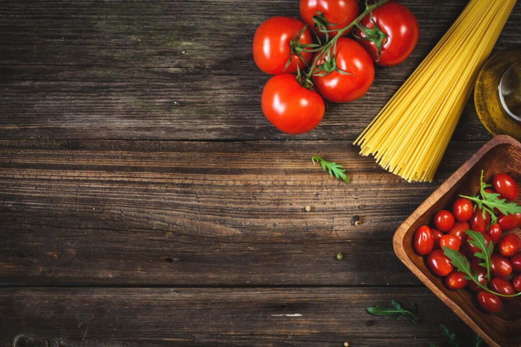 Rustic Wooden Wallpaper with Fresh Tomatoes, Spaghetti & Arugula