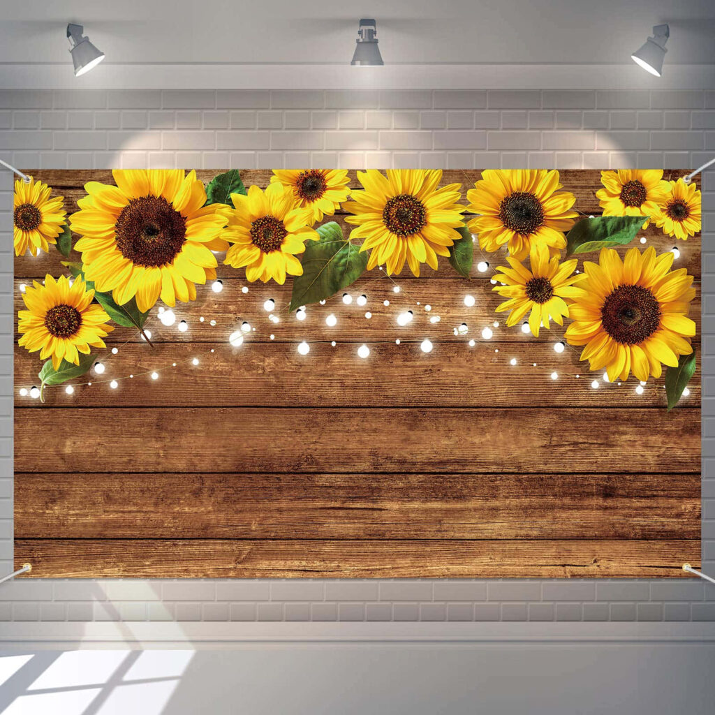 Rustic Wooden Background with Sunflowers & Glowing Lights Wallpaper