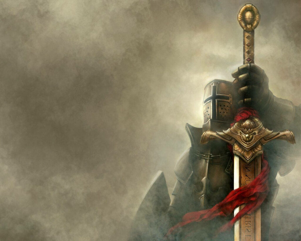 Lone knight in rusty armor holding ornate sword with red cloth in misty dramatic background Wallpaper