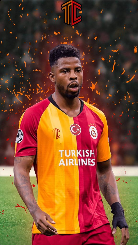 Ryan Donk Galatasaray wallpaper vibrant red yellow kit glowing orange particles stadium background