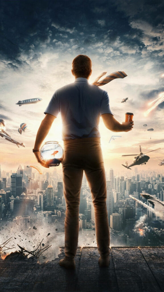 Ryan Reynolds in *Free Guy*: Dynamic Skyline Wallpaper Background