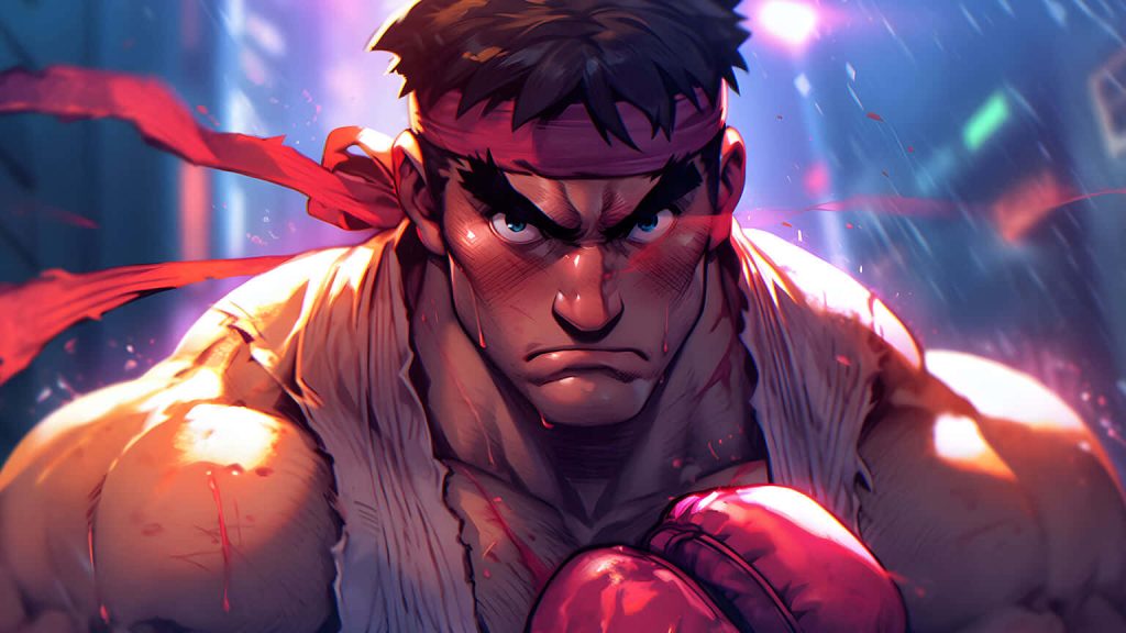 Street Fighter Ryu warrior ready for battle neon lighting digital illustration wallpaper