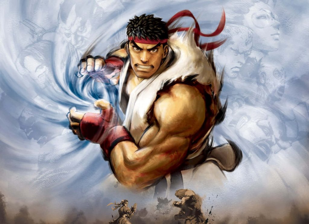 Ryu unleashing powerful Hadouken with blue energy in ink-wash style Street Fighter wallpaper