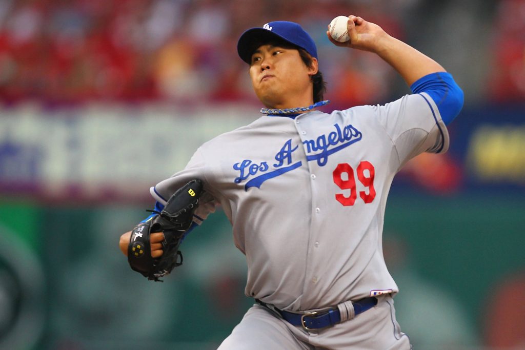 MLB pitcher Ryu Hyun-jin pitching in Dodgers gray uniform number 99 dynamic sports wallpaper