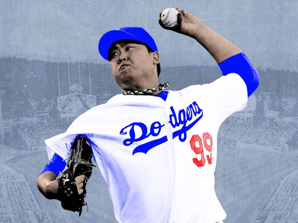Ryu Hyun-jin Dodgers pitcher wallpaper action portrait blue white stadium background